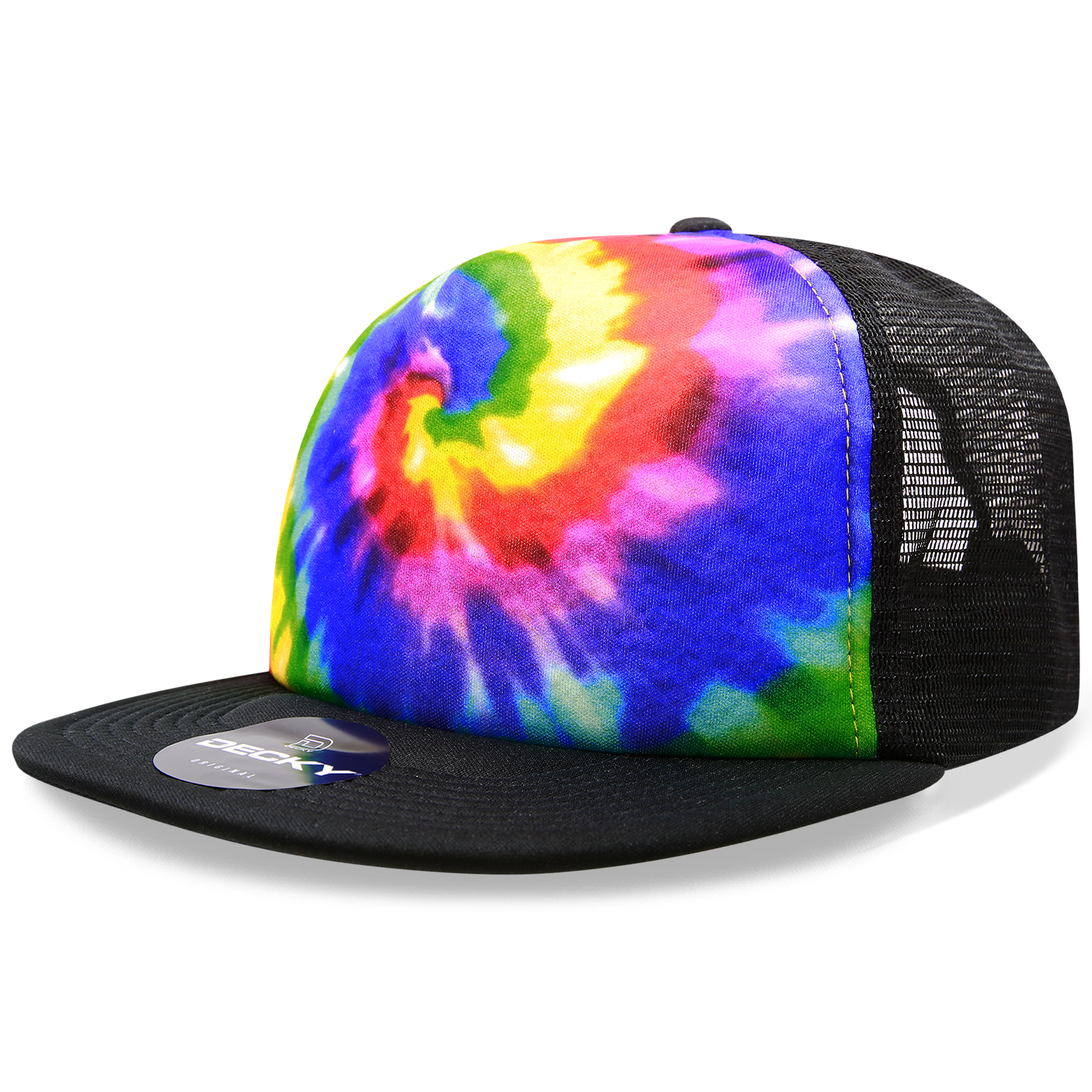 DECKY 1079 5-Panel High Profile Structured Tie Dye Trucker Hat, Rainbow