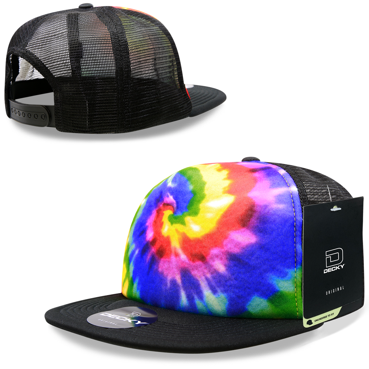 DECKY 1079 5-Panel High Profile Structured Tie Dye Trucker Hat, Rainbow