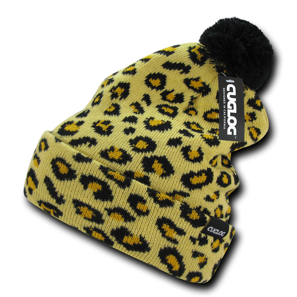 DECKY Atakora Youth Knit Beanie, Leopard Print with Pom Pom | K040