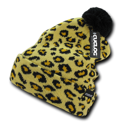 DECKY Atakora Youth Knit Beanie, Leopard Print with Pom Pom | K040