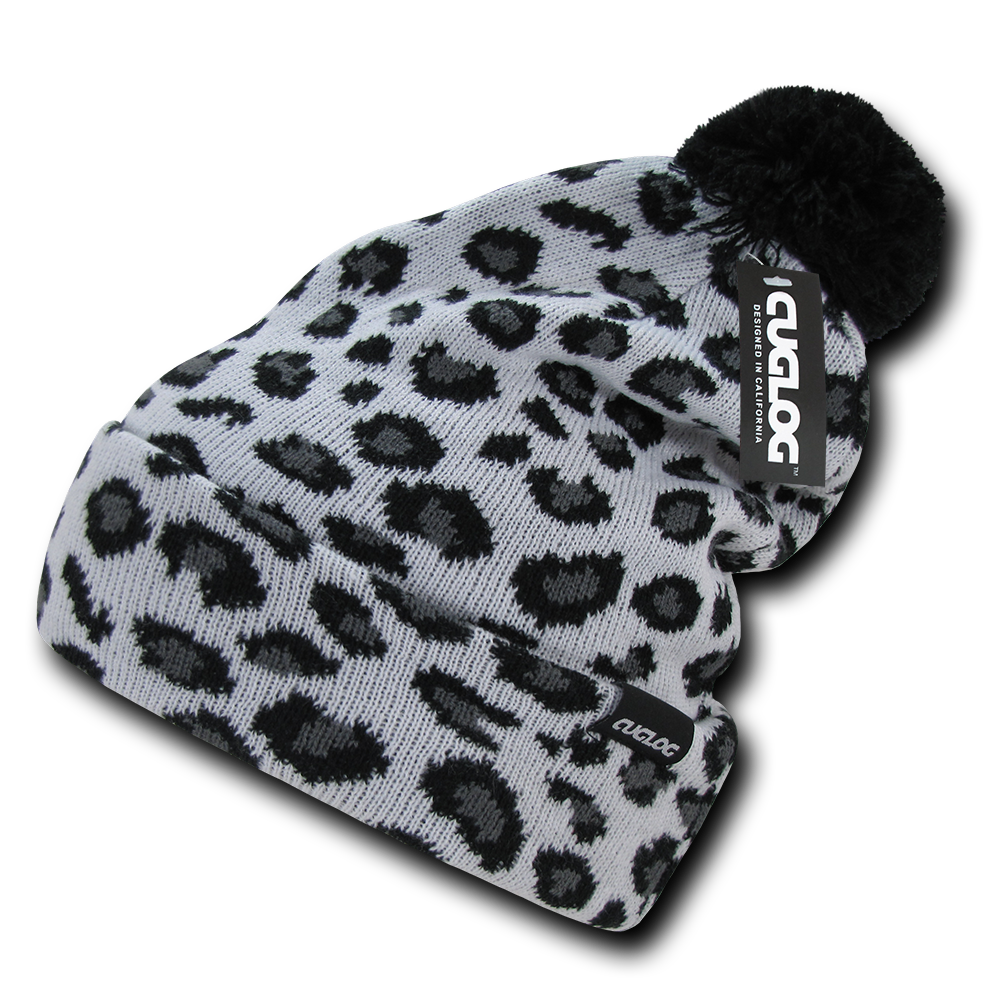 DECKY Atakora Youth Knit Beanie, Leopard Print with Pom Pom | K040